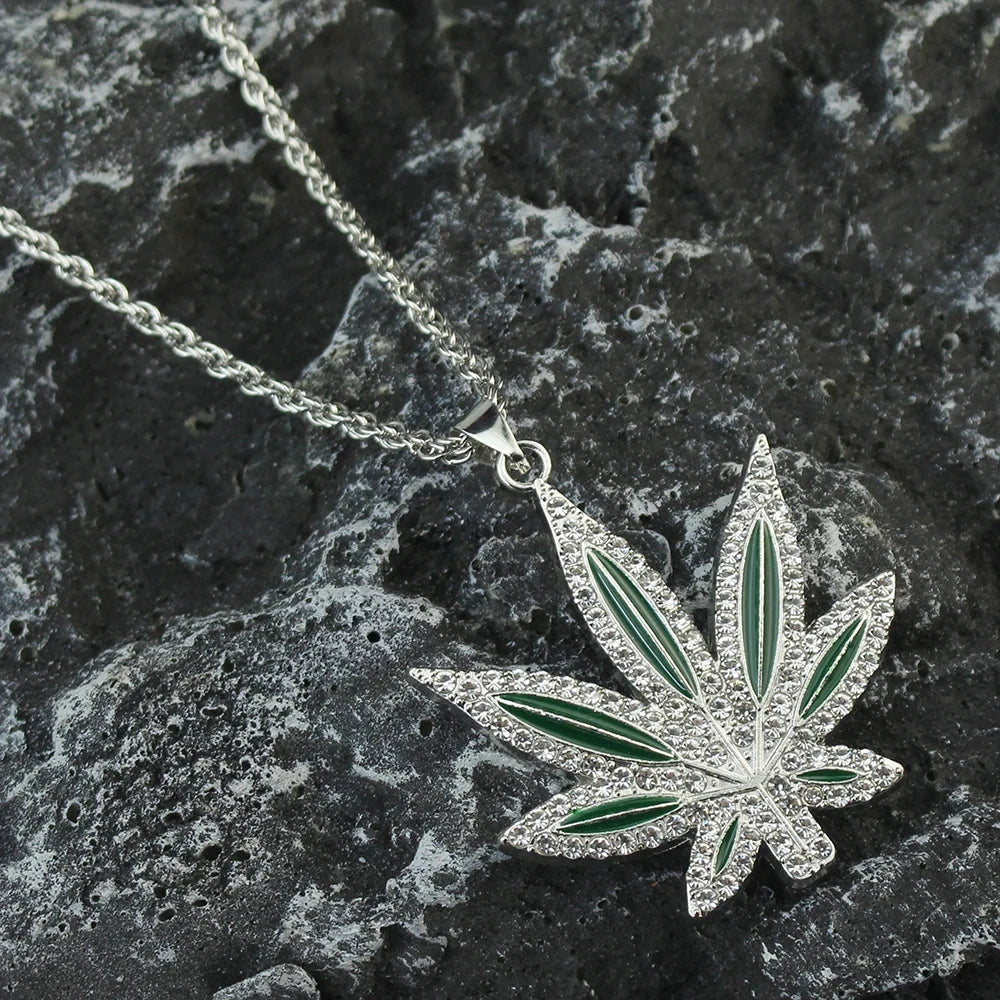 Rhinestone Weed Pendant Necklace Maple Leaf Necklaces Gold Color Chains for Women men Male Steampunk Jewelry Good Vibrations Adult Super Store