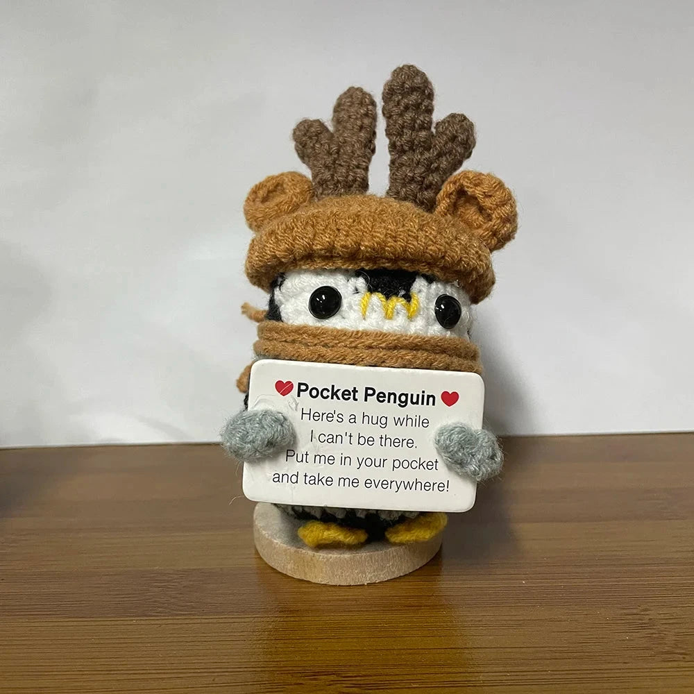 Crochet Energy Penguin Hug Pocket Mini Hand-woven Plush Wool Knitting Doll with Card Funny Christams Gift Home Room Decoration Good Vibrations