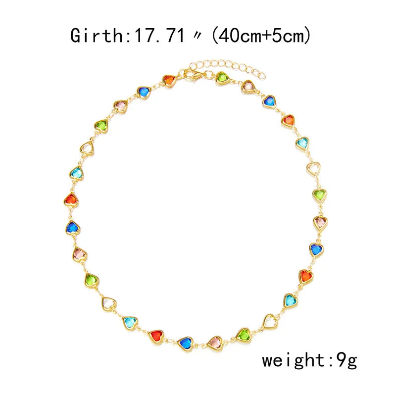 Exquisite Colorful Crystal Heart Choker Necklace For Women Charm Zircon Metal Chain Necklace Party Birthday Jewelry Gift Good Vibrations