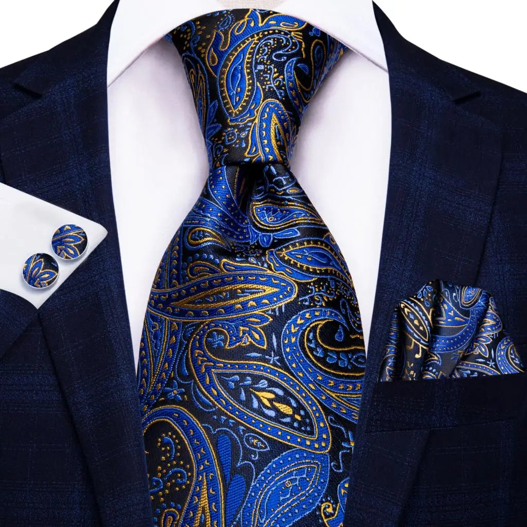 Hi-Tie Navy Blue Solid Paisley Silk Wedding Tie For Men Hanky Cufflink Mens Necktie Set Business Party New Design Dropshipping Good Vibrations