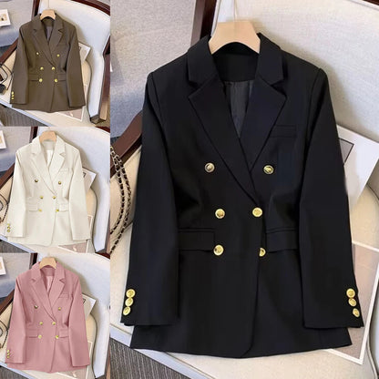 Blazer For Women Elegant Suit Jacket Loose Long Sleeve Jacket Beige Casual Solid Color Blazer Fashion Lapel Neckline Style Good Vibrations