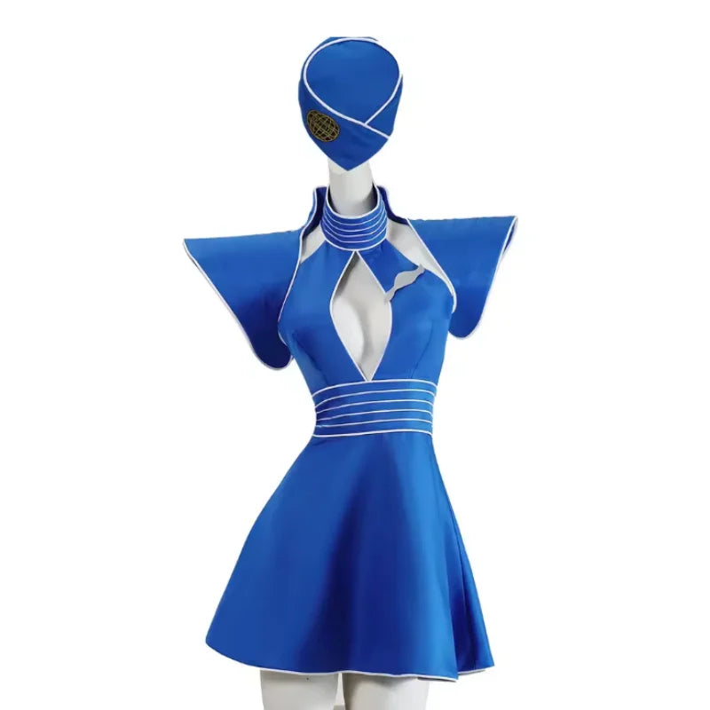 Cosplay Costumes Women Blue Flight Attendant Uniform Halloween Carnival Outfit Hat Top Skirt Outfit Christmas Birthday Gifts New Good Vibrations