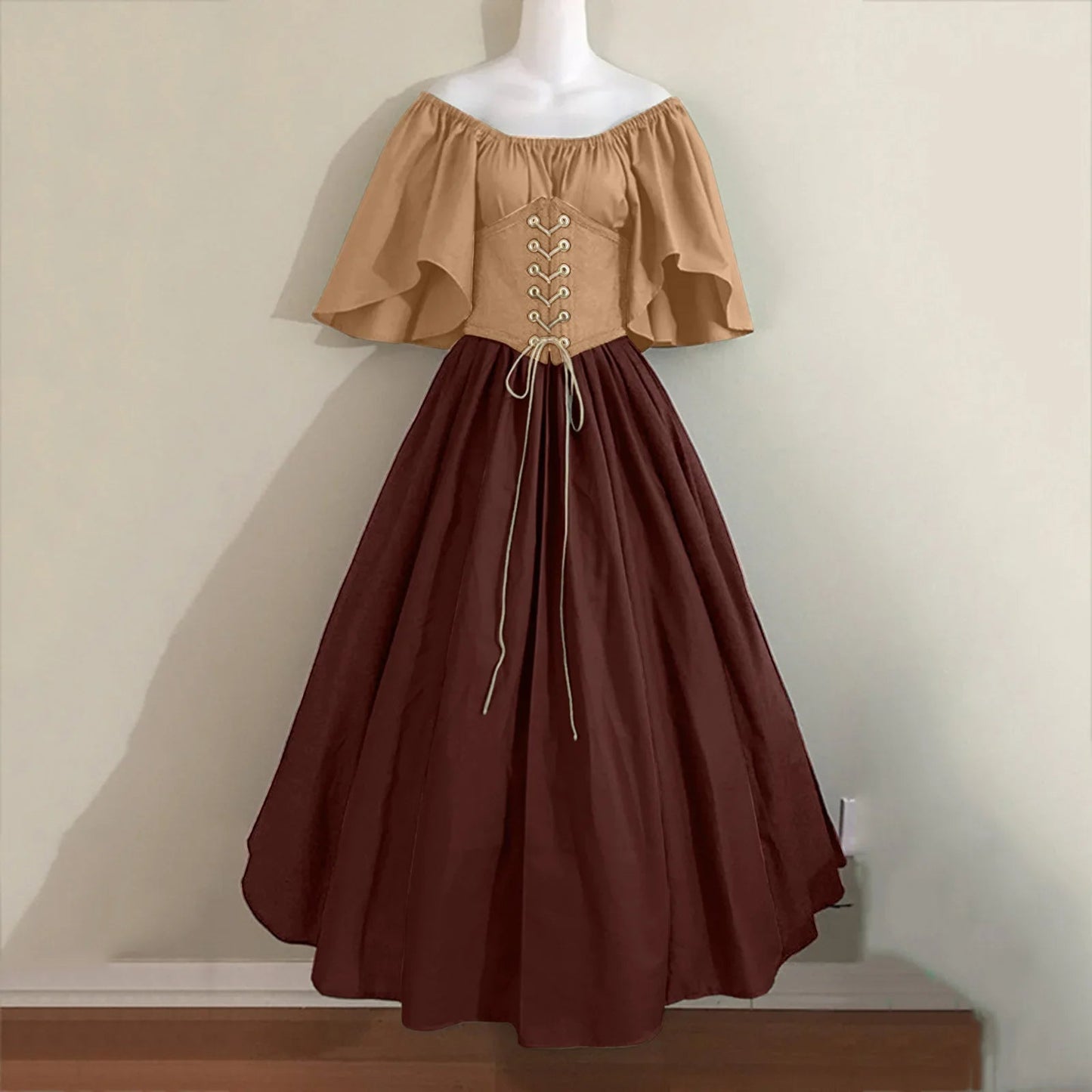 Halloween Costumes for Women Medieval Retro Contrasting Color Slim Swing Dress One-word Shoulder Dress Love Live Cosplay Good Vibrations