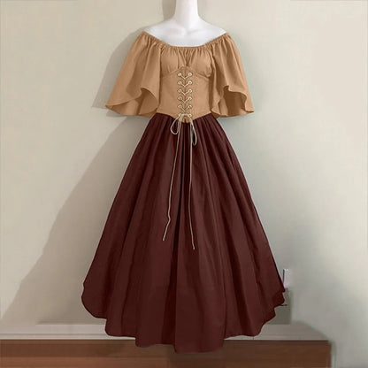 Halloween Costumes for Women Medieval Retro Contrasting Color Slim Swing Dress One-word Shoulder Dress Love Live Cosplay Good Vibrations