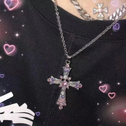Y2K Punk Crystal Big Cross Pendant Necklaces for Women Men Gothic Irregular Cross Clavicle Chain Necklaces Aesthetic Jewelry Good Vibrations
