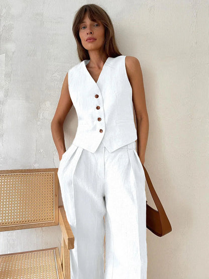 2025 New Women Linen Cotton Chic Vest ＆ Pants Suit Two-Piece Set Office Ladies Summer Chic 2 Piece Sets Women's Outfits Good Vibrations