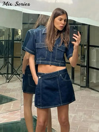 Denim Irregular Hem Skirt Shorts Set Women Slim Short Sleeve V Neck Crop Tops High Waist Shorts 2025 New Female Y2k Streetwear Good Vibrations Adult Super Store