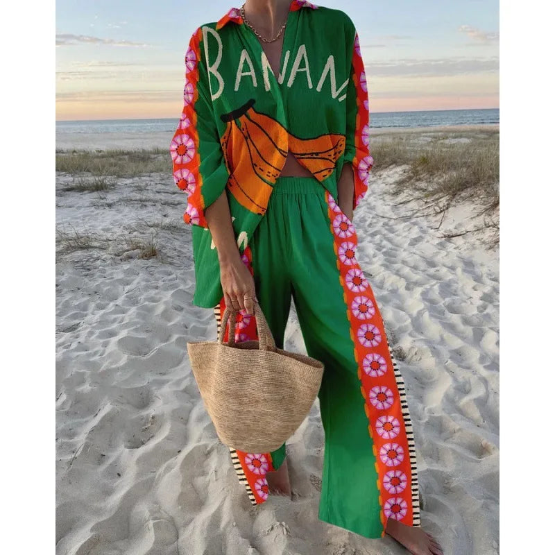 Women's Two Piece Set Print Shirt Pants Suit Single Breasted Lapel Short Sleeve Shirt And Wide Leg Trousers Sets, Lady Outfits Good Vibrations