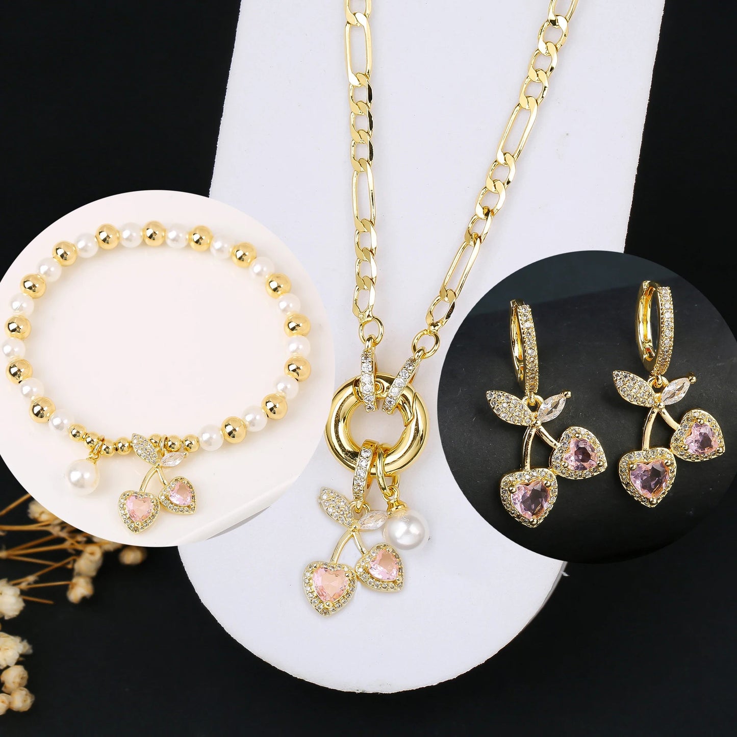 3pcs Hot Sale Shiny Zirconia Crystal Cherry Necklace Bracelet Earrings Jewelry Set Fashion for Woman Girl Wedding Lucky Jewelry Good Vibrations Adult Super Store