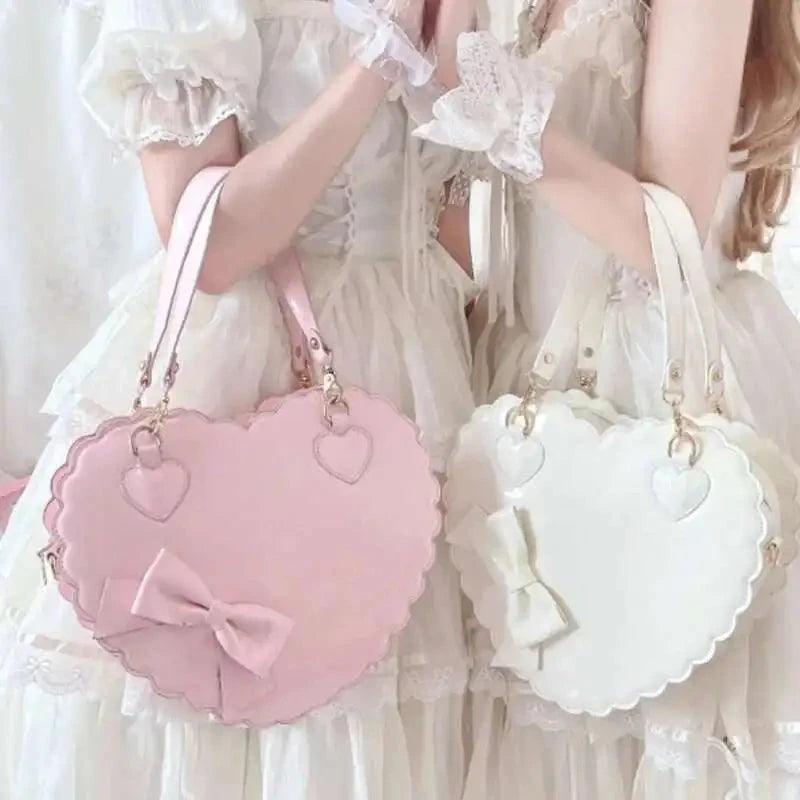 PU Heart Lolita Handbags Girls Bowknots Decor Japanese Shoulder Bags Two Sized Kawaii Shell Purses Cute Pink Messenger Bag Gifts Good Vibrations