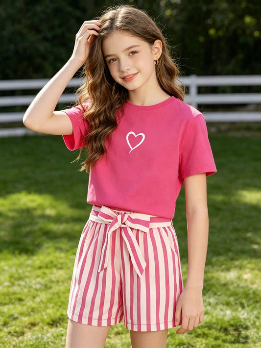 Women's Casual Daily 2-Piece Set Short Sleeve Love Printed Striped Shorts with Random Belt Children's Clothing Good Vibrations