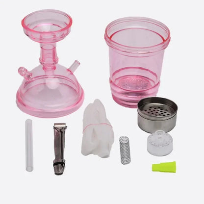 Acrylic hookah set with pink components and metal bowl, including silicone hose and LED light.