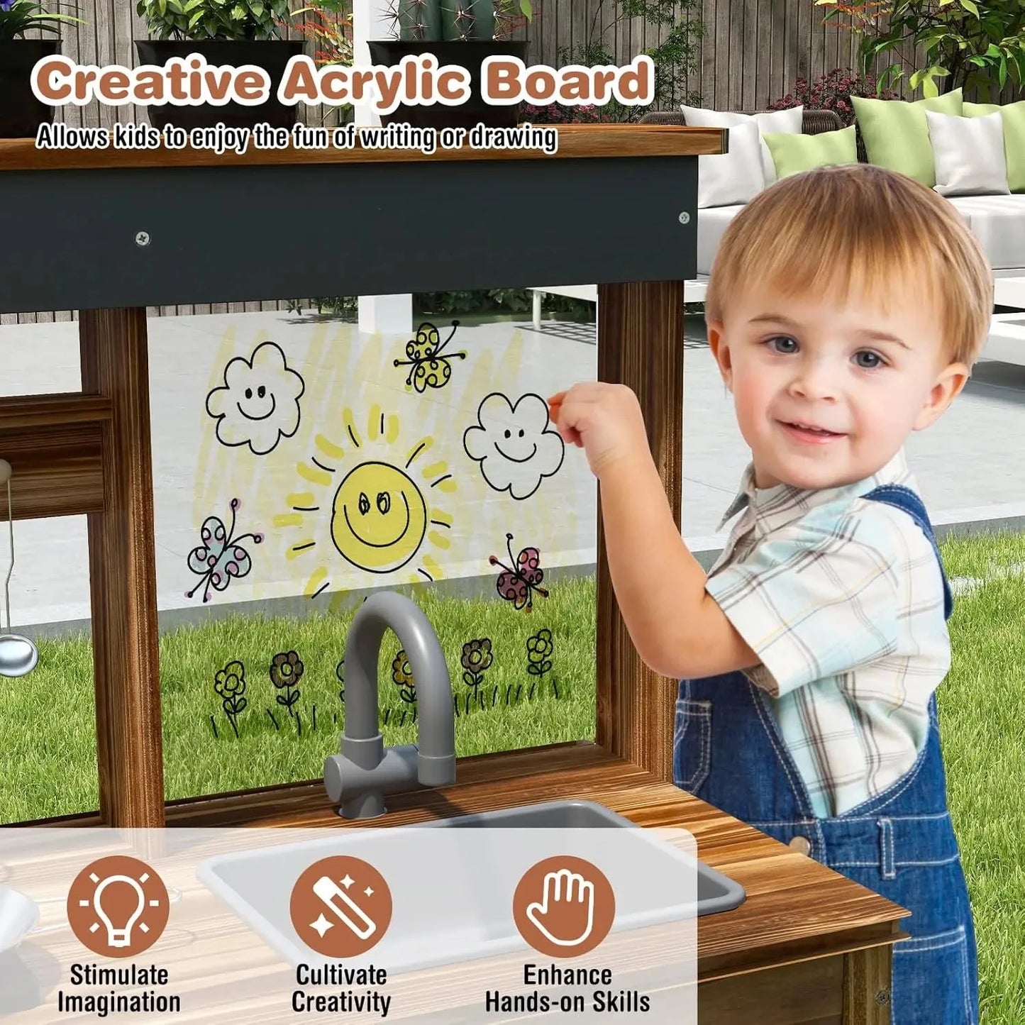 Mud Kitchen, Cedar Wood Outdoor Play Kitchen for Toddlers, Acrylic Board, Removable Sink, 4 Planting Cups, Kitchen Accessories, Good Vibrations