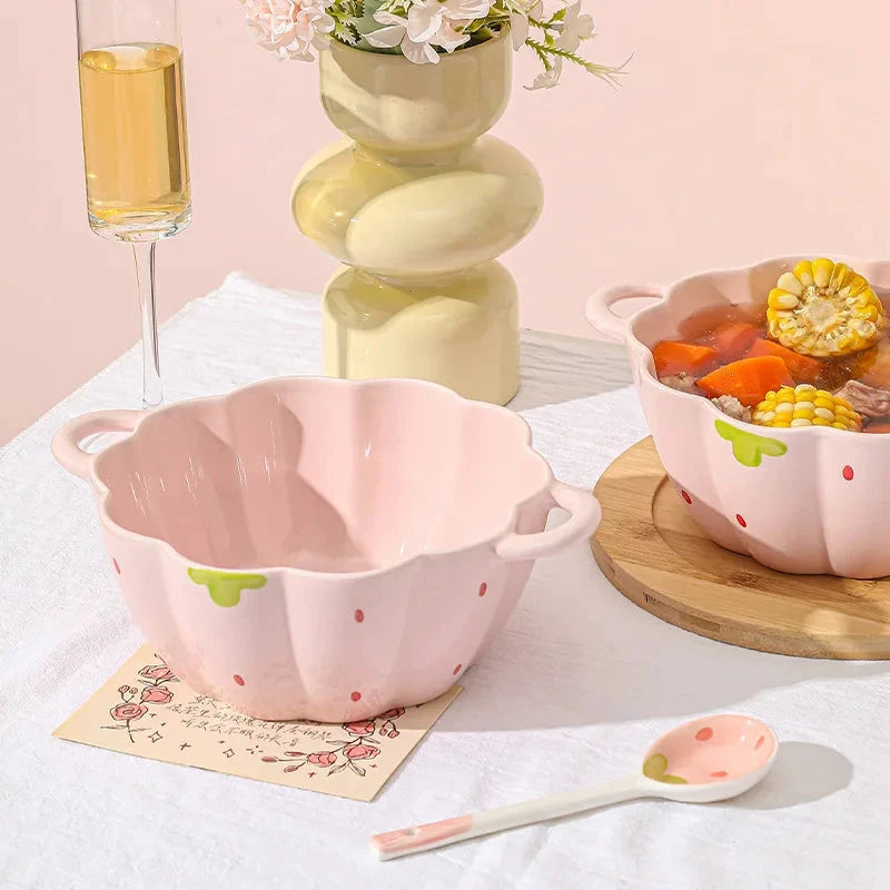 Cute Strawberry Ceramic Bowl Set For Home Use High Aesthetic Instant Noodles Salad Dessert Dining Tableware Kitchen Supplies Good Vibrations