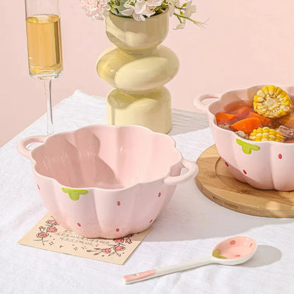 Cute Strawberry Ceramic Bowl Set For Home Use High Aesthetic Instant Noodles Salad Dessert Dining Tableware Kitchen Supplies Good Vibrations