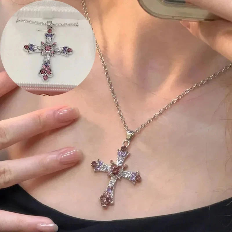 Подвеска Cross Necklace For Women Rhinestone Pendant Clavicle Chain Charm Party Jewelry Gifts Punk Pink Purple Zircon Gothic Good Vibrations
