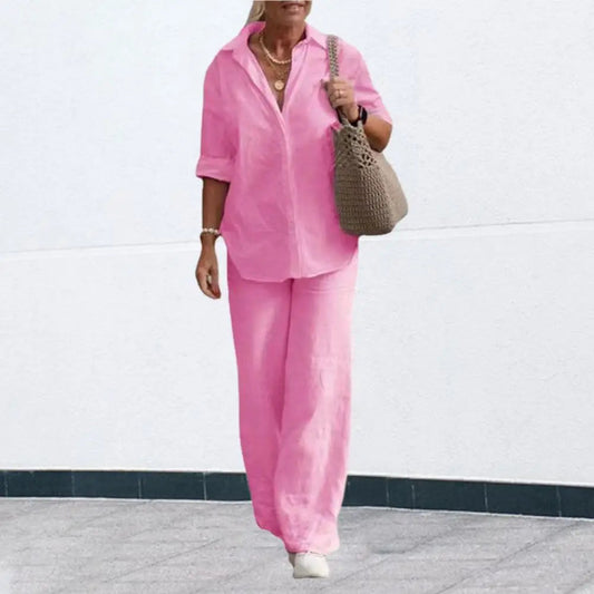 Two-piece Set Women Summer Suit Plus Size Cotton Linen Single-breasted Shirt Trousers Casual Top Wide Leg Pants Loose Outfits Good Vibrations