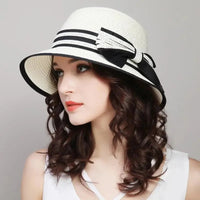 Muchique Boater Hats for Women Summer Sun Straw Hat Wide Brim Beach Hats Girl Outside Travel Straw Cap Casual Bow Hat Good Vibrations