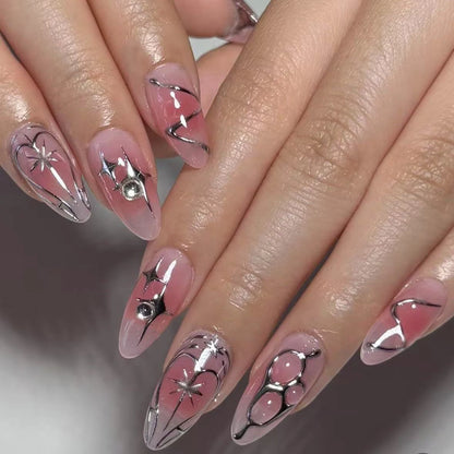 24Pcs False Nails Spicy Girl Silver Bow with Diamond Fake Nails with Glue Almond Press on Nails Black Cool Y2k Almond Nail Set Good Vibrations