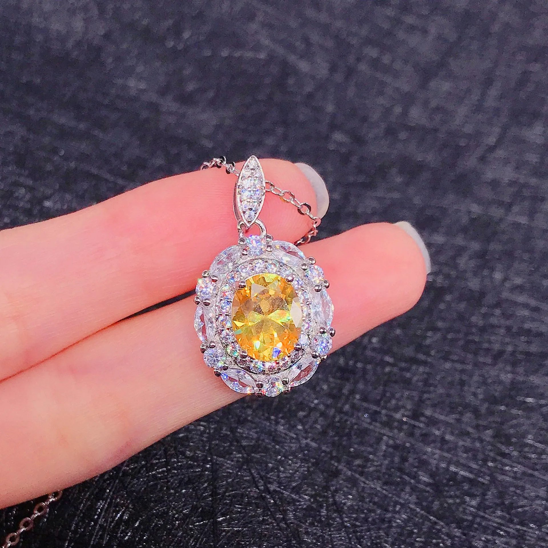 Luxury Bridal Wedding Jewelry Sets Silver Color Pendant Necklaces Earrings Set For Women Yellow/Pink Crystal Jewelry Accessories Good Vibrations Adult Super Store