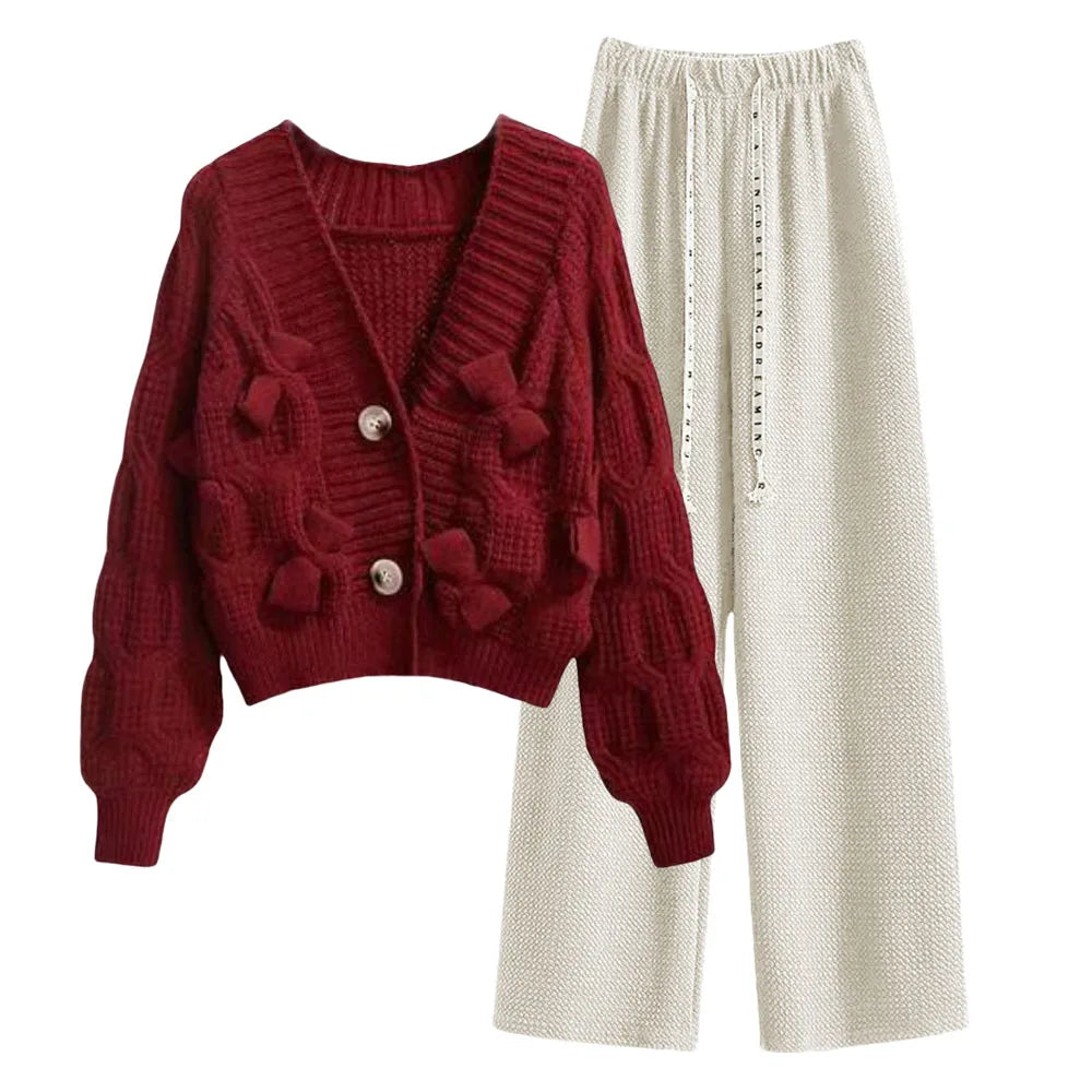 Two Piece Set For Women New In Sweater Matching Sets Korean Sweet Bow Outfit Long Sleeve Cardigan Knitwear Wide Leg Pants Set Good Vibrations