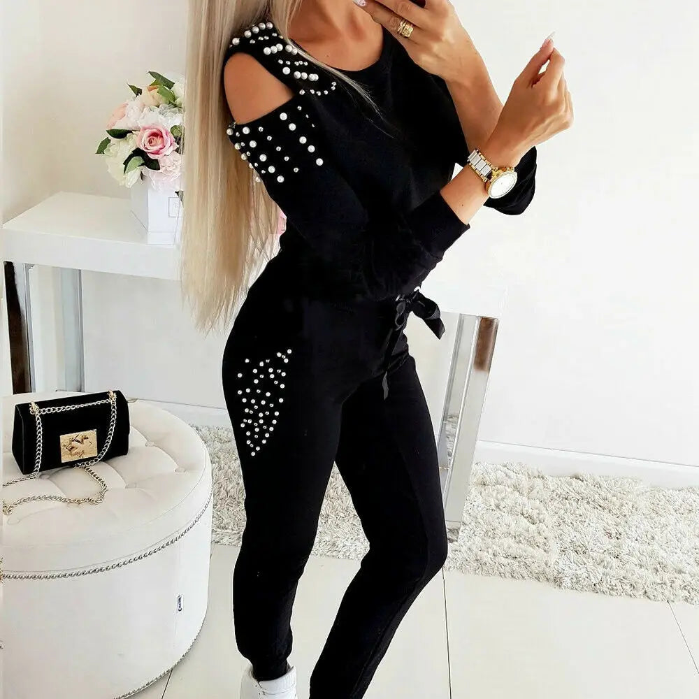 2 Pieces Set Women Europe Fall 2022 Outfit Sexy Nail Bead Pure Color Round Collar Long Suit Sports Set Dropshipping ZXP9596 Good Vibrations