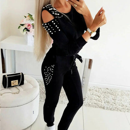 2 Pieces Set Women Europe Fall 2022 Outfit Sexy Nail Bead Pure Color Round Collar Long Suit Sports Set Dropshipping ZXP9596 Good Vibrations