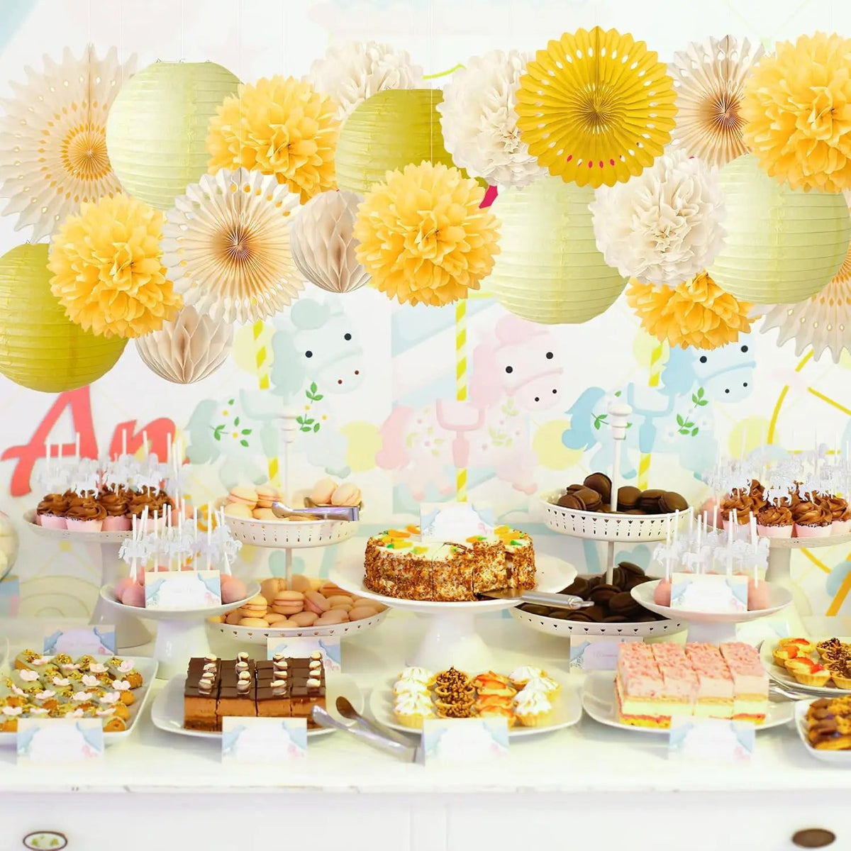 Yellow Party Decorations Yellow and Cream Paper Fans Paper Lanterns Pom Poms Flowers for Baby Shower Birthday Wedding Party Good Vibrations