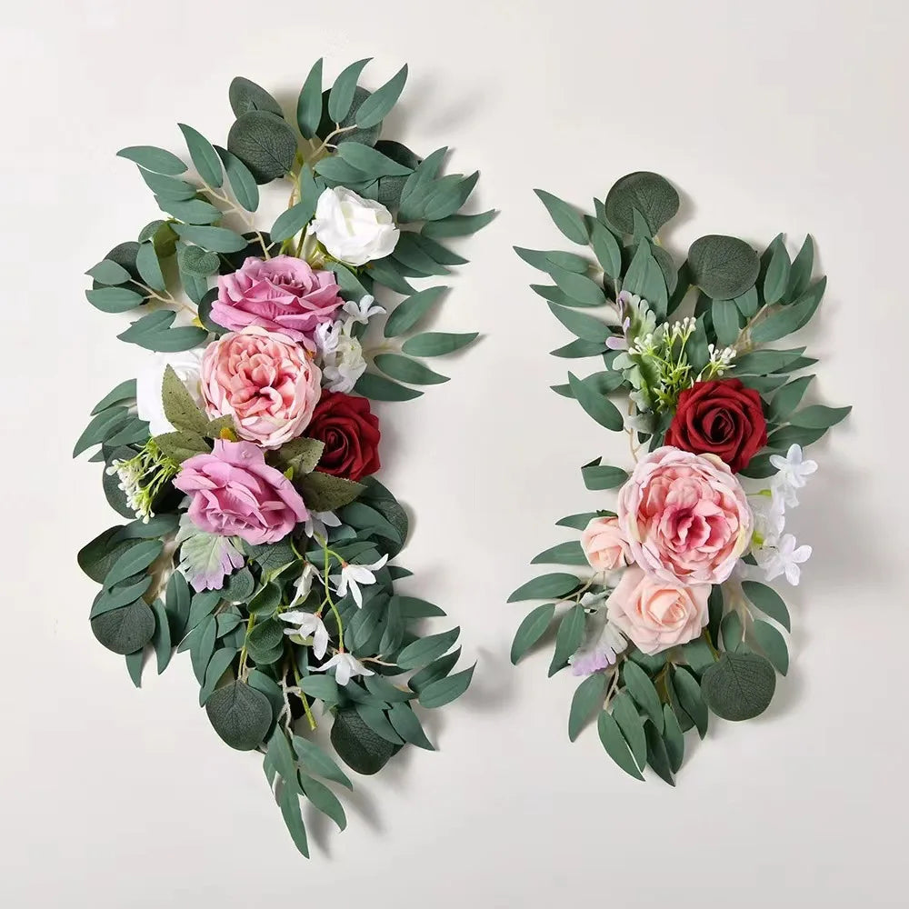 Yannew Artificial Wedding Arch Flowers Kit Boho Dusty Rose Blue Eucalyptus Garland Drapes for Wedding Decorations Welcome Sign Good Vibrations