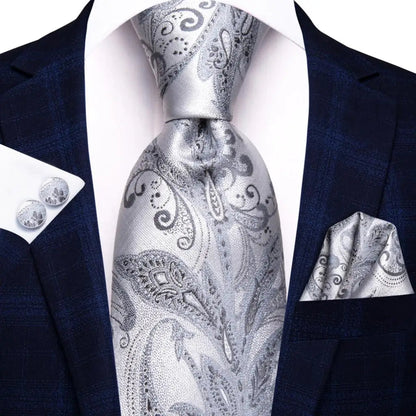 Men's Ties White Sliver Hanky Cufflinks Set Silk Neck ties For Men Wedding Party Business Mens Tie 2022 New Fashion Brand Hi-Tie Good Vibrations