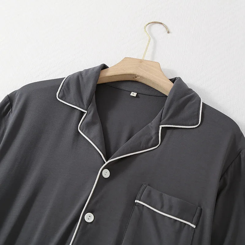 Simple Solid Color Bamboo Men's Pajamas Spring and Summer Short-sleeved Trousers Loose and Wearable Loungewear Suit Good Vibrations