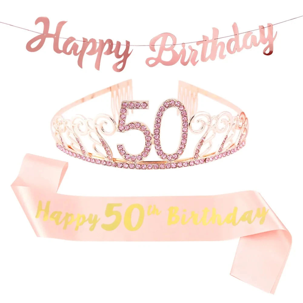 Happy Birthday Banner Pull Flag Rose Gold Crown Strap For 18 Year Old 3 Piece Birthday Party Decorations Good Vibrations