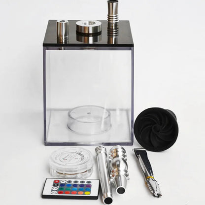 Acrylic hookah kit with LED light, remote, silicone hose, and accessories.