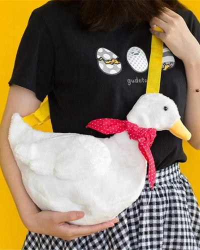 White plush cute simulation duck crossbody shoulder bag with red scarf and yellow strap for women and unisex