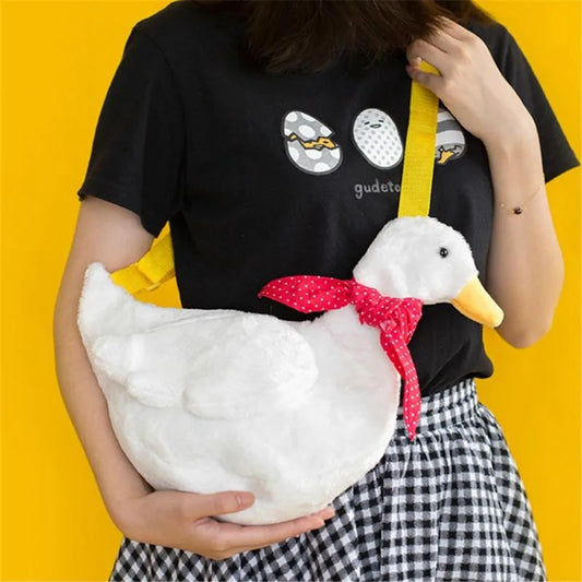 White plush cute simulation duck crossbody shoulder bag with red scarf and yellow strap for women and unisex