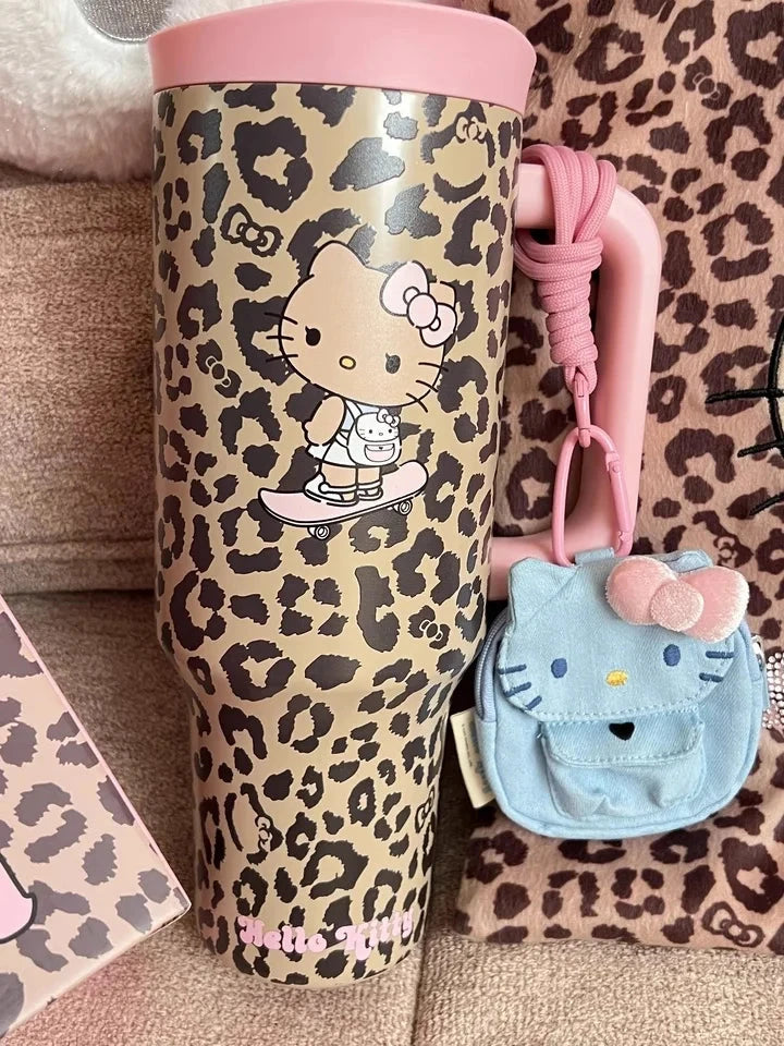TBH Leopard Print Kitty Series Straw Thermos Cup Travel Sports Water Bottle Stainless Steel Cold Insulation Cup Girls Gift Good Vibrations
