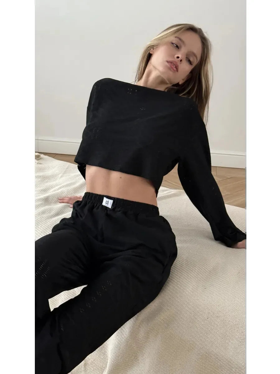 2025 Women's American Casual Wear Set - Fashionable, Simple, Loose-Fitting, Long-Sleeved, Long-Pants, Nightwear, Homewear Set Good Vibrations