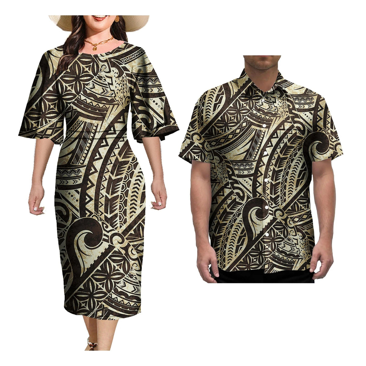 Couple Outfit Sets Elegant Dresses Women Sexy Skirt Samoa Tattoo Printed Polynesian Casual Dress Matching Men Shirts Good Vibrations