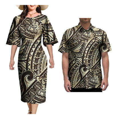 Couple Outfit Sets Elegant Dresses Women Sexy Skirt Samoa Tattoo Printed Polynesian Casual Dress Matching Men Shirts Good Vibrations