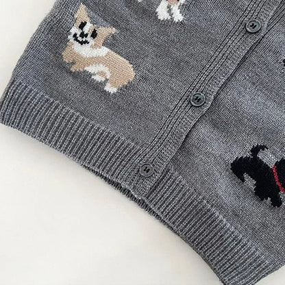 Children's Round Neck Sweaters Autumn New Dog Pattern Baby Clothings Japanese and Korean Grey Knitted Sweaters Cute Top Cardigan Good Vibrations