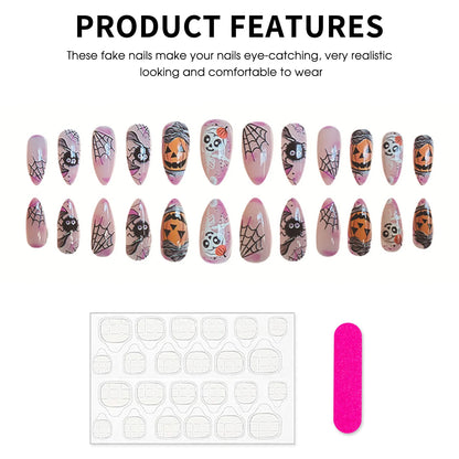 24pcs Light Pink Fake Nail Patches Pumpkin Spider Web Horror Skull Designs Press On Nails Halloween False Nail Wearable Manicure Good Vibrations