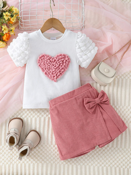 Toddler Girl Summer Fashion Casual Clothes Top With Heart Puff Sleeve &Pink Short Pant With Bow Active Clothing Set For 1-6Y Good Vibrations