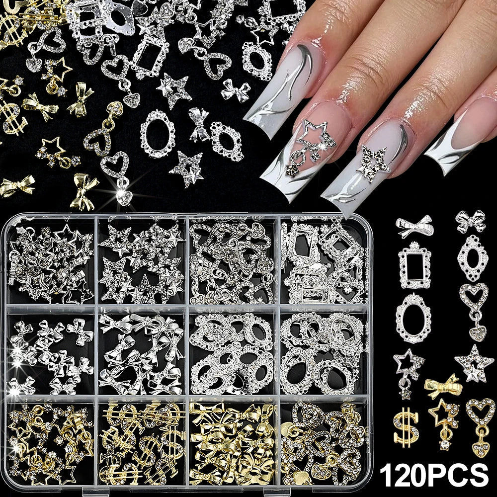 120pcs/box 3D Gold Bow Butterfly Nail Metal Charms Shiny Cute Bowtie/Diamond Star Nail Jewelry 120 Luxury Nail Art Supplies #RE4 Good Vibrations