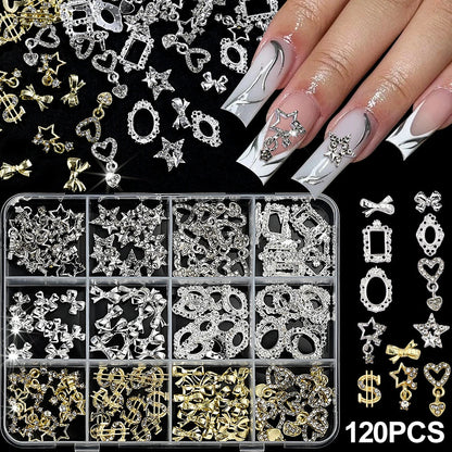 120pcs/box 3D Gold Bow Butterfly Nail Metal Charms Shiny Cute Bowtie/Diamond Star Nail Jewelry 120 Luxury Nail Art Supplies #RE4 Good Vibrations