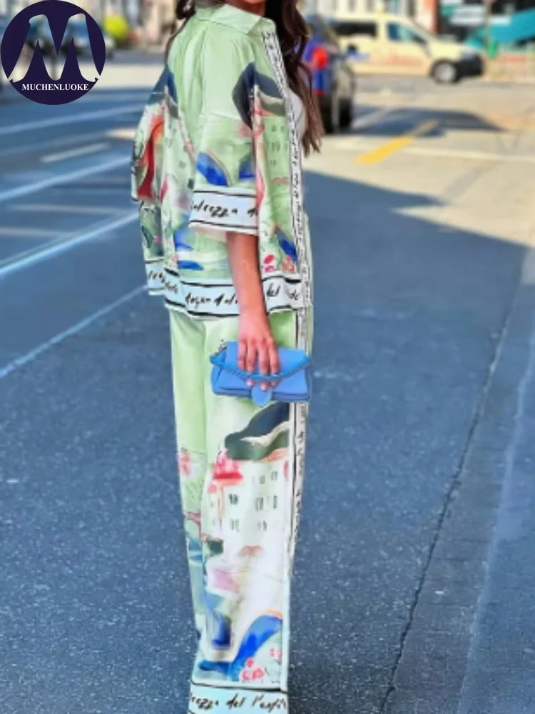Women's Summer 2-Piece Set Elegant Printed Top & Casual Loose Wide Leg Pants Ensemble with Half Sleeve Fashionable Good Vibrations