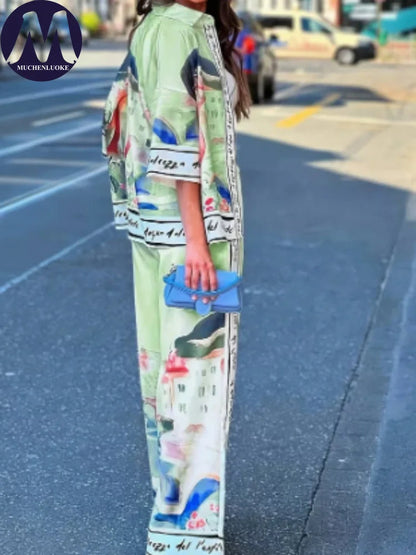 Women's Summer 2-Piece Set Elegant Printed Top & Casual Loose Wide Leg Pants Ensemble with Half Sleeve Fashionable Good Vibrations