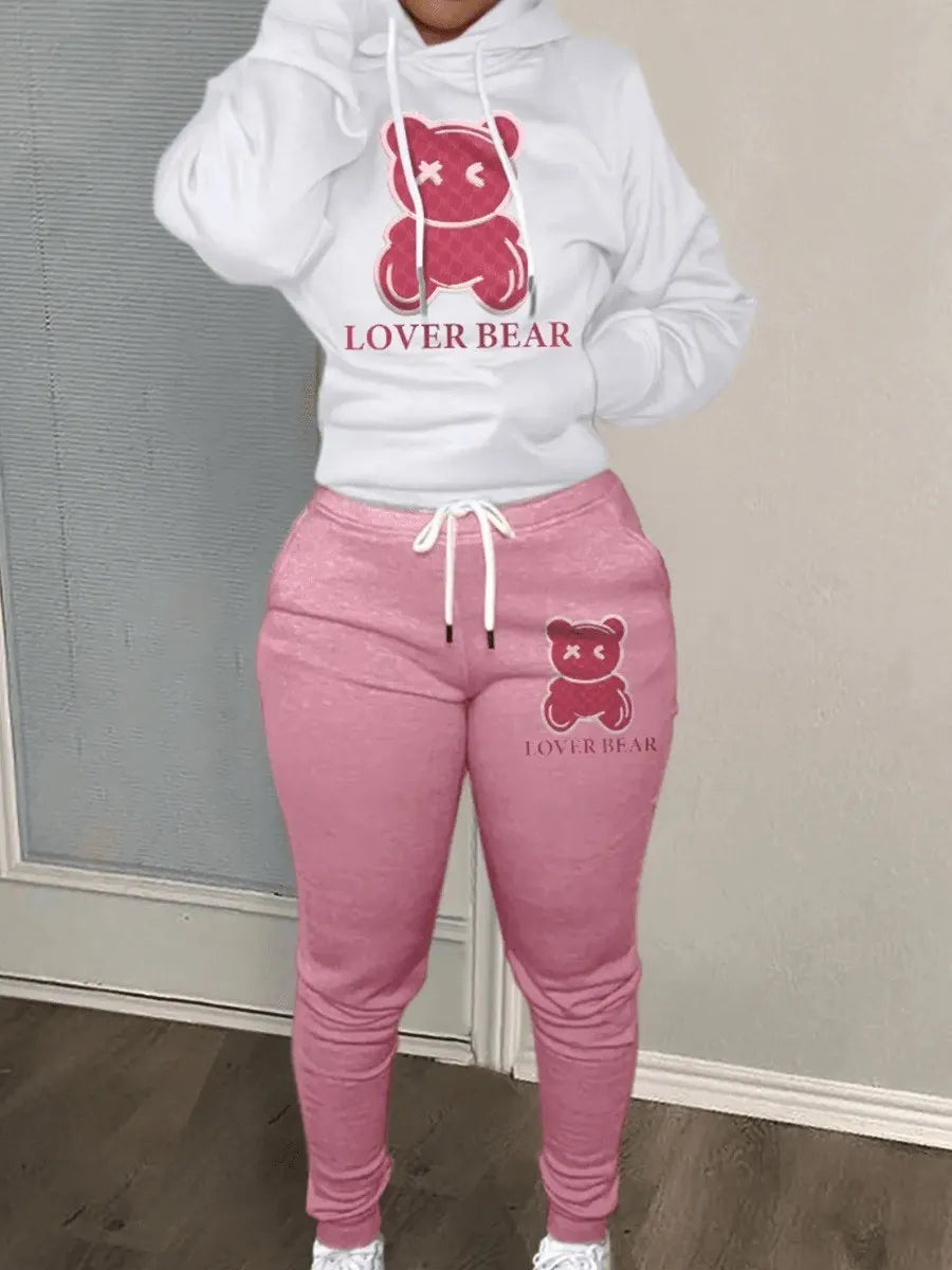Autumn and winter women's loose and fashionable plus size cartoon bear print hooded sweater+woolen pants set Good Vibrations