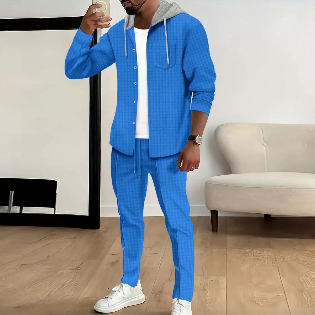 Spring and Autumn New Waffle Men's Casual Slim-Fit Hooded Long-Sleeved Cardigan Matching Color Fashion High Quality Tracksuit Pa Good Vibrations