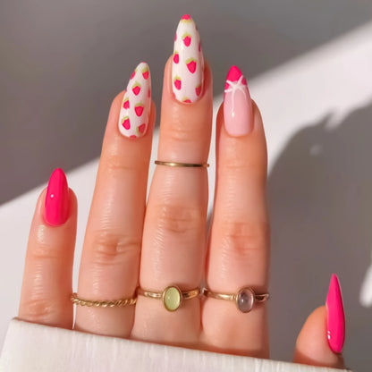 24pcs Short Glossy Oval Fake Nails Cute Sweet Strawberry Fake Nail Patch Wearable Full Cover for Girl Press on Nail Tips Good Vibrations