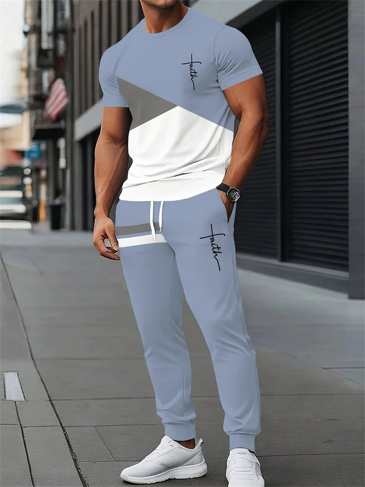 Men's Spring/Fall Two-Piece Set Crew Neck Short Sleeve Top With Relaxed Fit Casual Pants Outdoor Streetwear Minimalist Style Set Good Vibrations